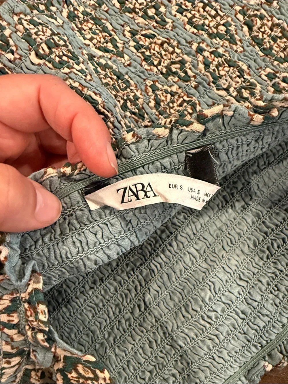 Zara Teal Patterned Smocked Crop Top with Puff Sleeves